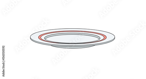 A simple illustration of a white ceramic dinner plate with a subtle red band around the rim presented from a slightly elevated side view on a white background