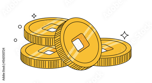 A stack of shiny gold coins with square holes represents wealth and fortune