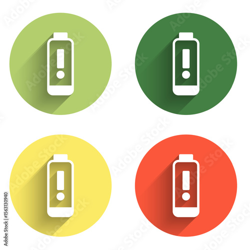 Set Battery charge level indicator icon isolated with long shadow background. Color circle button. Vector