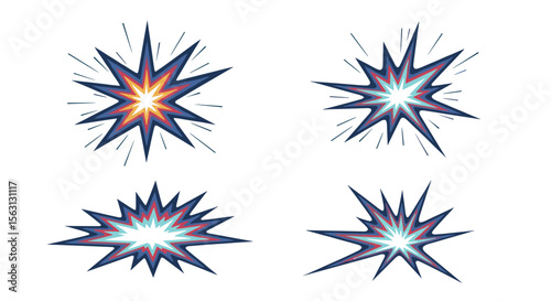 Explosion burst starburst effect vector graphics set illustrating dynamic energy release and impact in a stylized manner