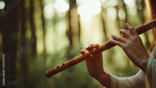 Person playing a bamboo flute in a forest.