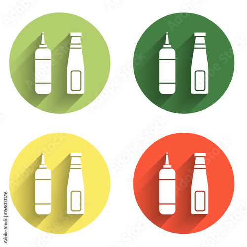 Set Sauce bottle icon isolated with long shadow background. Ketchup, mustard and mayonnaise bottles with sauce for fast food. Color circle button. Vector