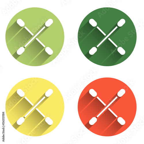 Set Cotton swab for ears icon isolated with long shadow background. Color circle button. Vector