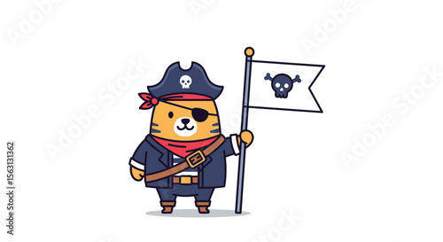 Adventures of a fearless feline pirate with a skull and crossbones flag embarking on a grand treasure hunt