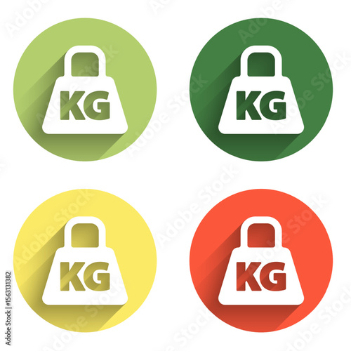Set Weight icon isolated with long shadow background. Kilogram weight block for weight lifting and scale. Mass symbol. Color circle button. Vector