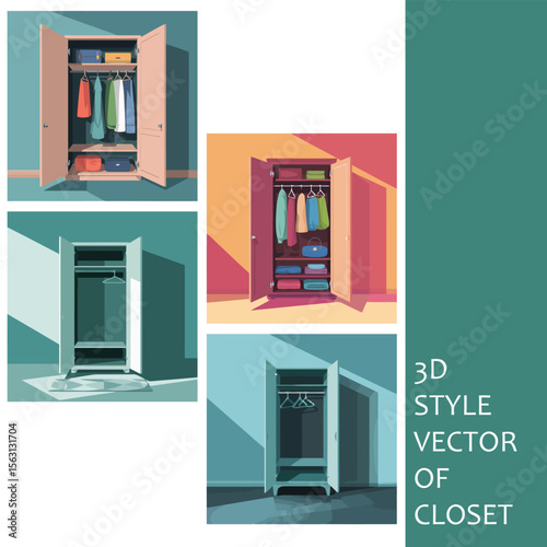 Four 3 D Style Vector Illustrations of Open Wardrobes Showing Diverse Clothing and Accessories Pastel Pink Teal and Burgundy Armoires with Clothes Shelves and Suit Hangers