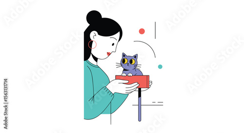 Young woman gently holding a playful blue cat on a red box with colorful circles in the background a simple illustration of pet ownership and affection