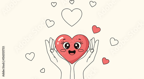 Illustrative design of a cute happy heart held gently in caring hands surrounded by floating hearts and gentle doodles