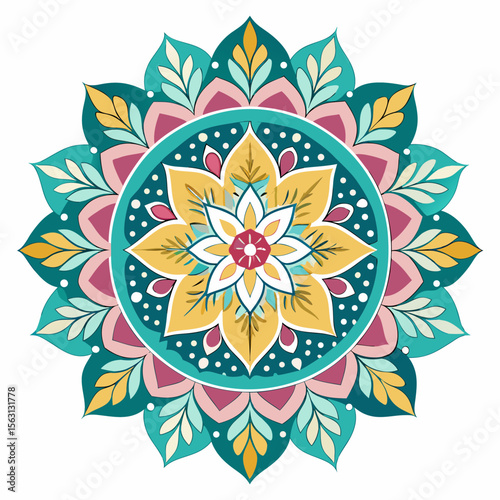 Floral Mandala Alpona Design in Pastel Colors – Ethnic Circular Pattern