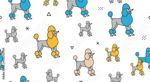 Charming poodle pattern featuring various sizes and vibrant colors for a playful and stylish design