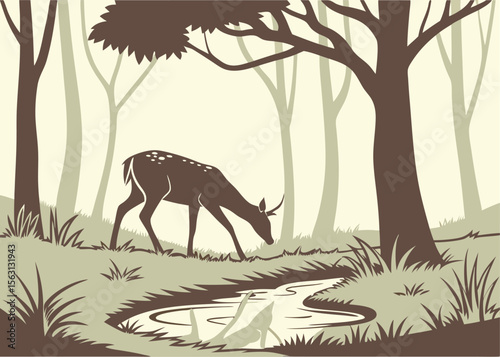 Deer at Forest Waterhole – Wildlife Nature Scene Vector Illustration