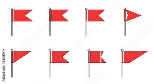 Collection of various red flags flying on poles displaying different shapes and designs
