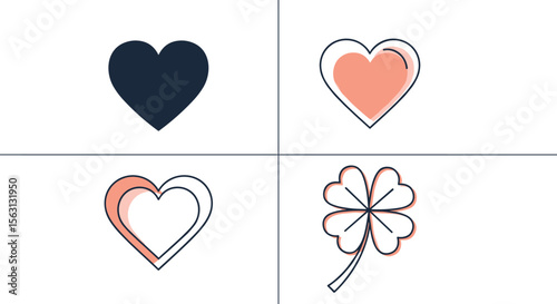 Collection of four distinct heart and clover shaped icons representing love good luck and positive feelings