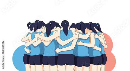 United girls volleyball team huddle together in a circle showing support and teamwork spirit