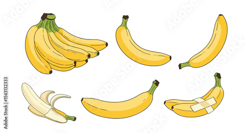 A collection of fresh ripe yellow bananas and one partially peeled banana showing healthy fruit food nutrition