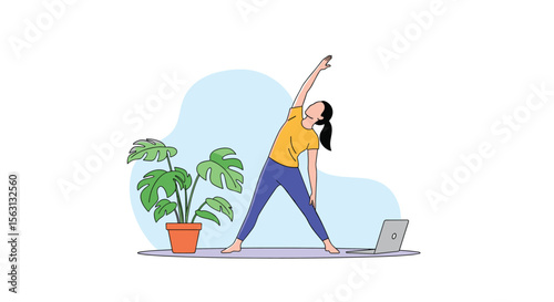 A woman practicing triangle pose yoga at home with a plant and laptop nearby for an online fitness session