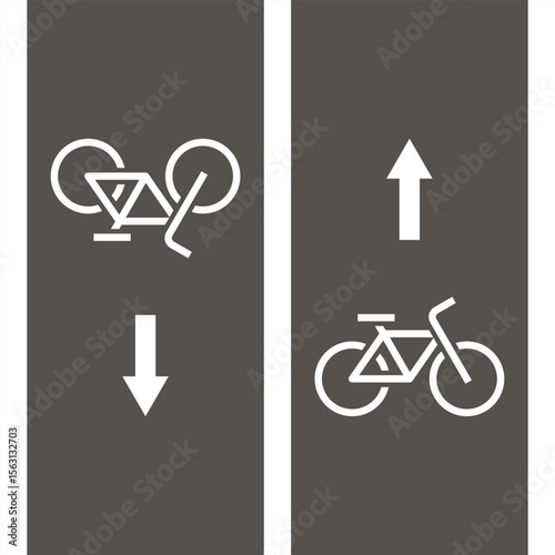 Two way bicycle road markings, city street symbols. Bike lane direction sign, bike area icon, bicycle zone symbol, road marking.
