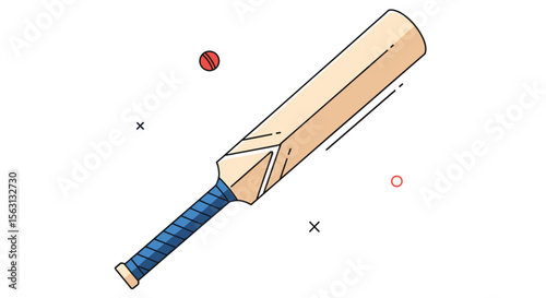 Wooden cricket bat and ball illustration for sports and games