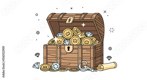 Unlocking a wooden treasure chest filled with gold coins and sparkling diamonds revealing hidden riches and ancient wealth