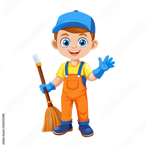 Cute Cartoon Girl Vacuuming – Redhead Kid House Cleaning Illustration, Domestic Chore Concept Art, Child Helping with Household Work Vector Clipart