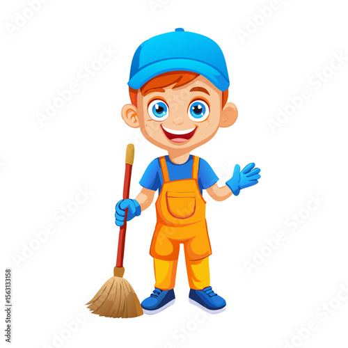 Cute Cartoon Girl Vacuuming – Redhead Kid House Cleaning Illustration, Domestic Chore Concept Art, Child Helping with Household Work Vector Clipart