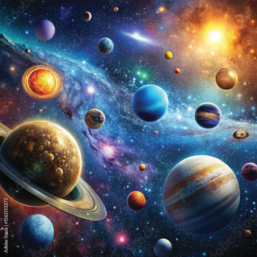 Planet Earth Moon and Sun in Space with Stars and Galaxy Background