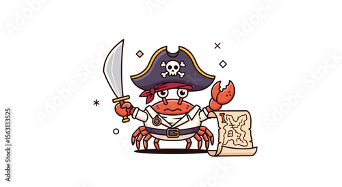A cute cartoon pirate crab holding a cutlass and a treasure map ready for adventure