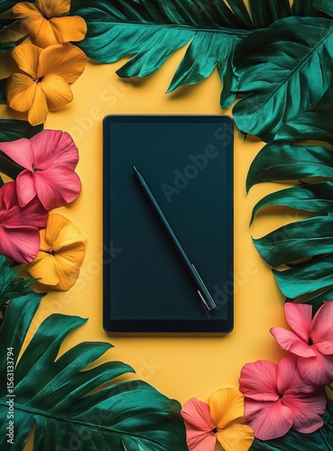 Flat lay of a black tablet and stylus surrounded by vibrant tropical flowers and leaves on a yellow background