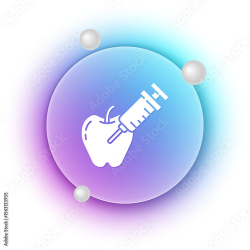 White Genetically modified apple icon isolated on white background. GMO fruit. Syringe being injected to apple. Blue and purple gradient circle background. Vector