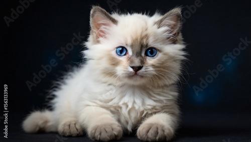 Cute little blue bicolour Ragdoll cat kitten, sitting up facing front with one paw up. Looking towards camera with deep blue eyes. Isolated on a black background.
