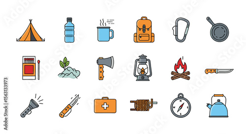 Essential camping gear icons for outdoor adventures and wilderness exploration activities