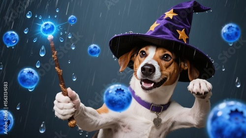 A dog dressed as a wizard casting a spell with a wand under a magical, rainy backdrop.