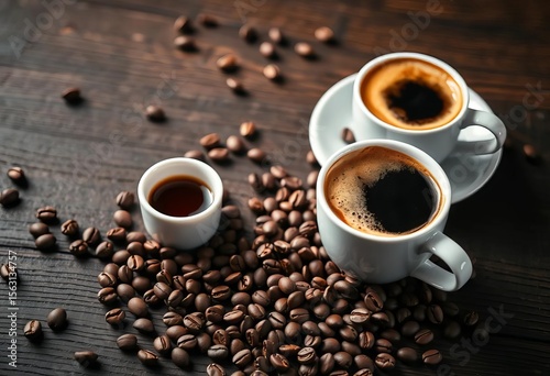 Espresso and cappuccino cups, coffee beans scattered on dark wood,  wood grain,  robusta