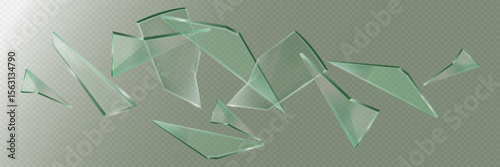 Realistic broken glass shards flying with light effect. On a transparent background.