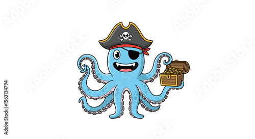 Adorable blue octopus pirate character holding a treasure chest full of gold coins and jewels