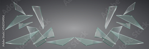 Realistic broken glass shards flying with light effect. On a transparent background.