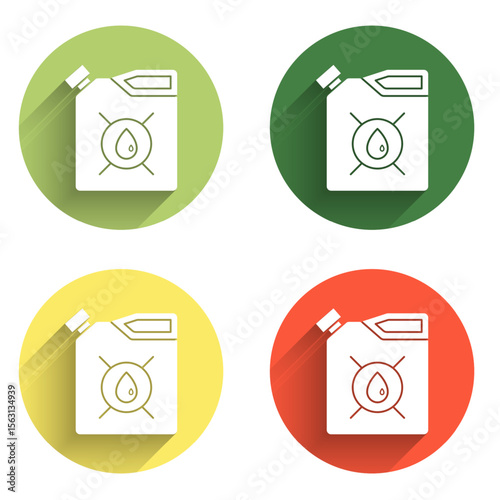 Set Canister for motor machine oil icon isolated with long shadow background. Oil gallon. Oil change service and repair. Engine oil sign. Color circle button. Vector