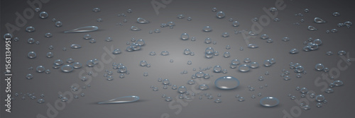 Realistic transparent water drops scattered on a smooth gray background.