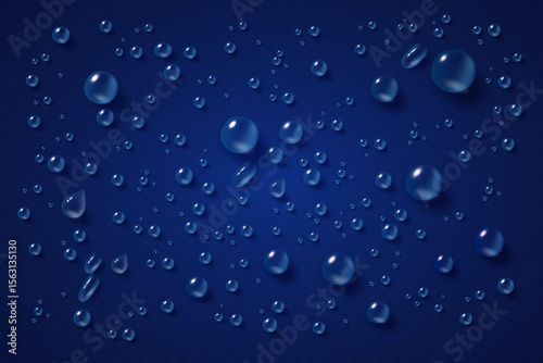 Realistic water drops of different sizes on a dark blue background. Vector illustration EPS10