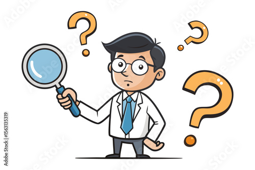 Confused scientist with magnifying glass surrounded by question marks symbolizing research and inquiry
