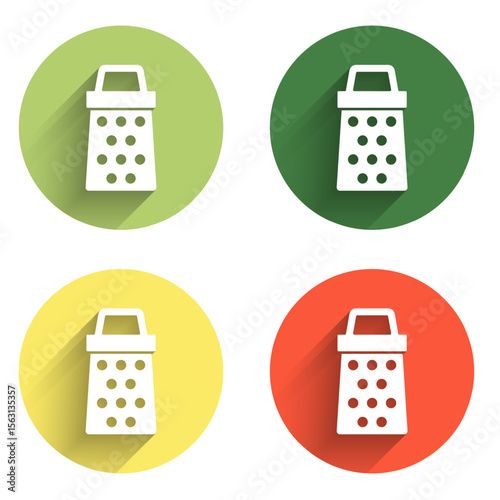 Set Grater icon isolated with long shadow background. Kitchen symbol. Cooking utensil. Cutlery sign. Color circle button. Vector