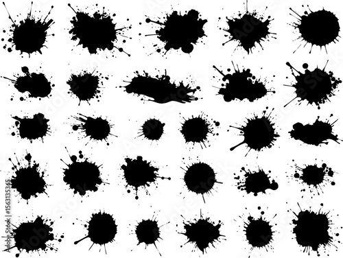 A versatile set of black ink blots, splashes, and splatters perfect for grunge design, vector art, or texture overlays