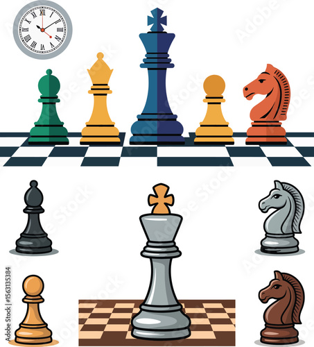 Colorful Chess Pieces and Accessories Vector Set
