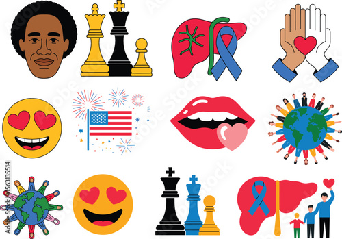 Colorful Vector Collection of Emojis, Chess Pieces, American Flag, and Red Lips Icons