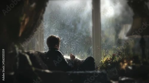 Person contemplating by a window on a rainy day