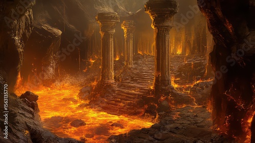 Ancient Pillars Stand Amidst Fiery Lava Flow in a Dark, Dramatic Landscape