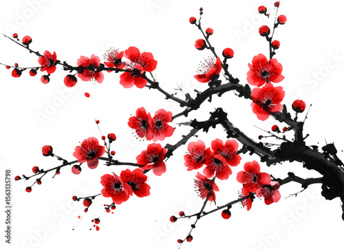 Red cherry blossom branches with pink petals on a white background create a beautiful, natural spring floral design