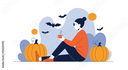 Cozy autumn scene with a person enjoying a warm drink surrounded by pumpkins and bats amidst a festive fall landscape illustration