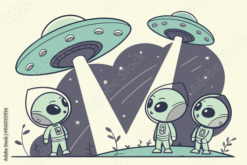 Colorful Vector Illustration Featuring Aliens and a UFO Flying in Space