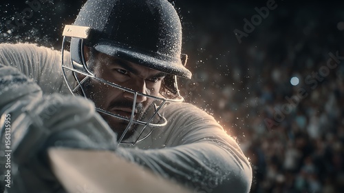 Cricketer in mid-swing follow-through dynamic action shot sweat flying intense focus in the eyes blurred cheering crowd in background dramatic sidelight 
